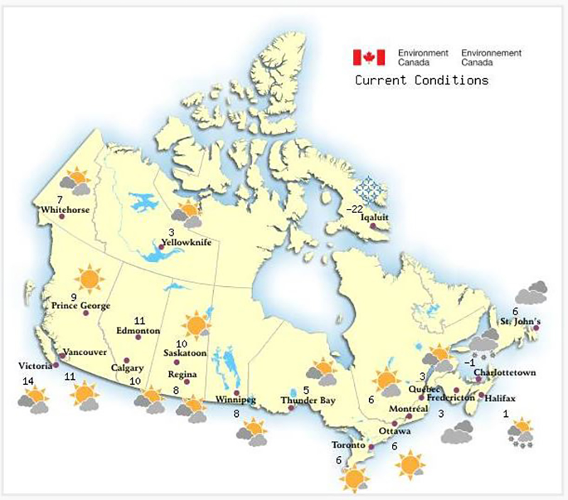 Map of Canada showing current weather conditions